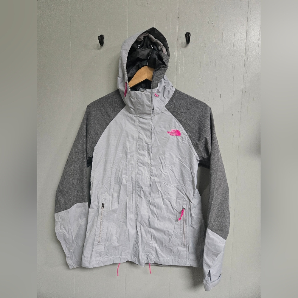 The North Face Light Gray and Pink Jacket Womens Hooded Rain Coat. ***READ***